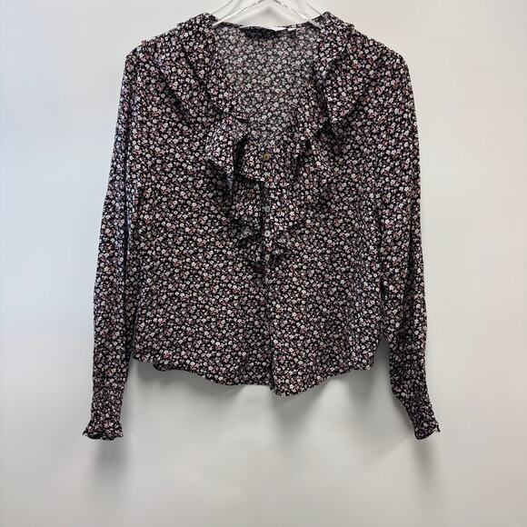 & Other Stories Ruffled Shell Button Blouse Dark Floral Sz 4 - Picture 4 of 9